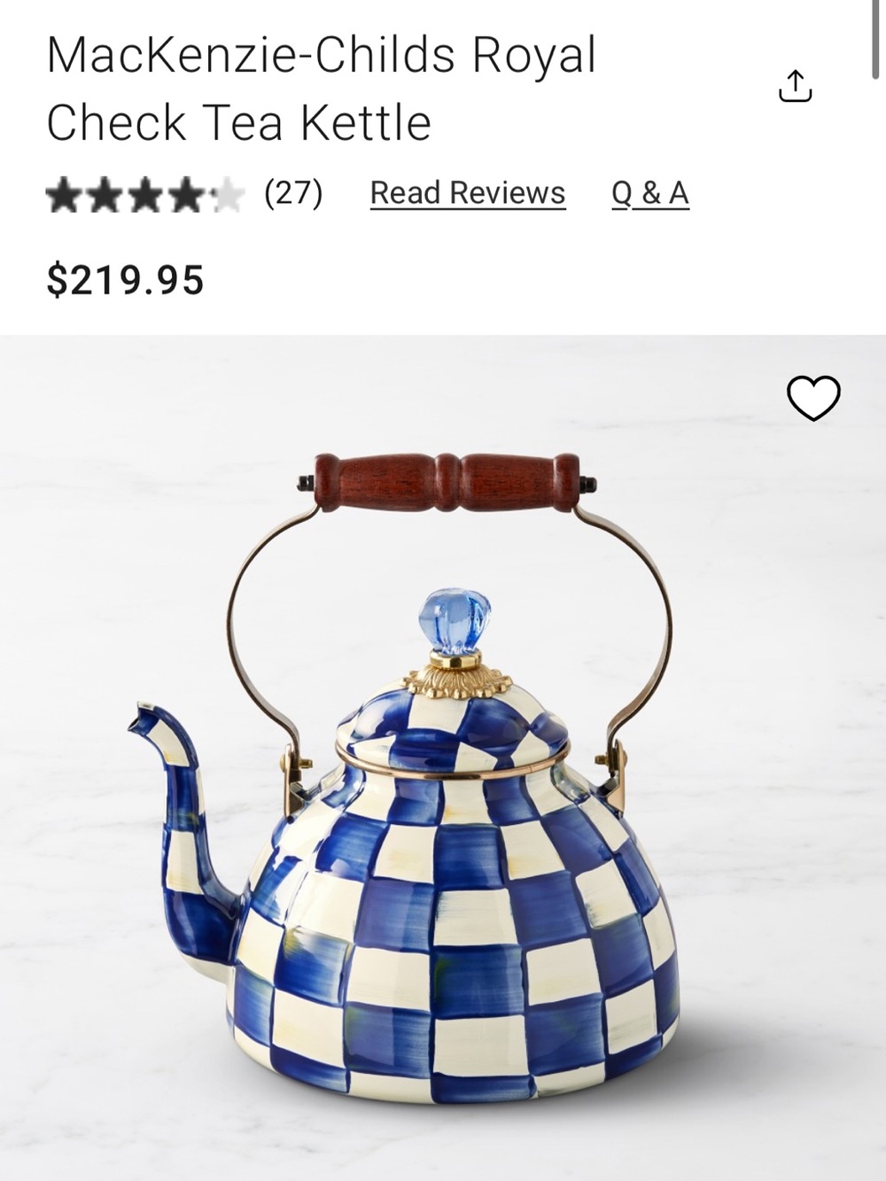 MacKenzie-Childs Blue and Cream Check Enamel Tea Kettle with Wooden Handle